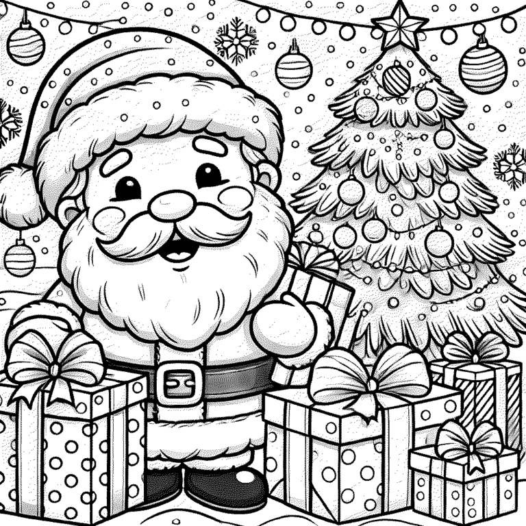 Dibujo de Papa Noel con regalos y árbol de navidad