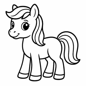 Dibujo infantil en blanco y negro de un pony sencillo, con líneas gruesas y contornos definidos, ideal para colorear desde el ordenador.